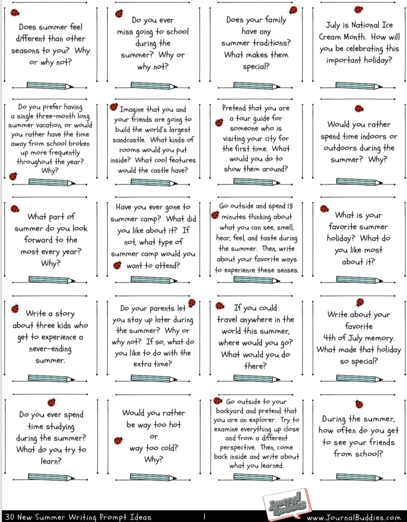 Summer Writing Topics Free Printable Page