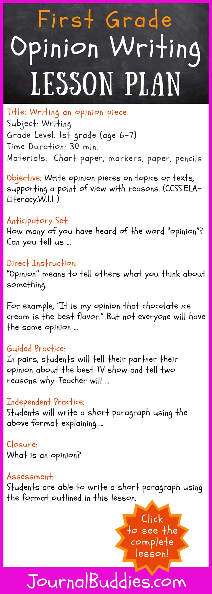Opinion Writing Lesson Plan for Grade 1